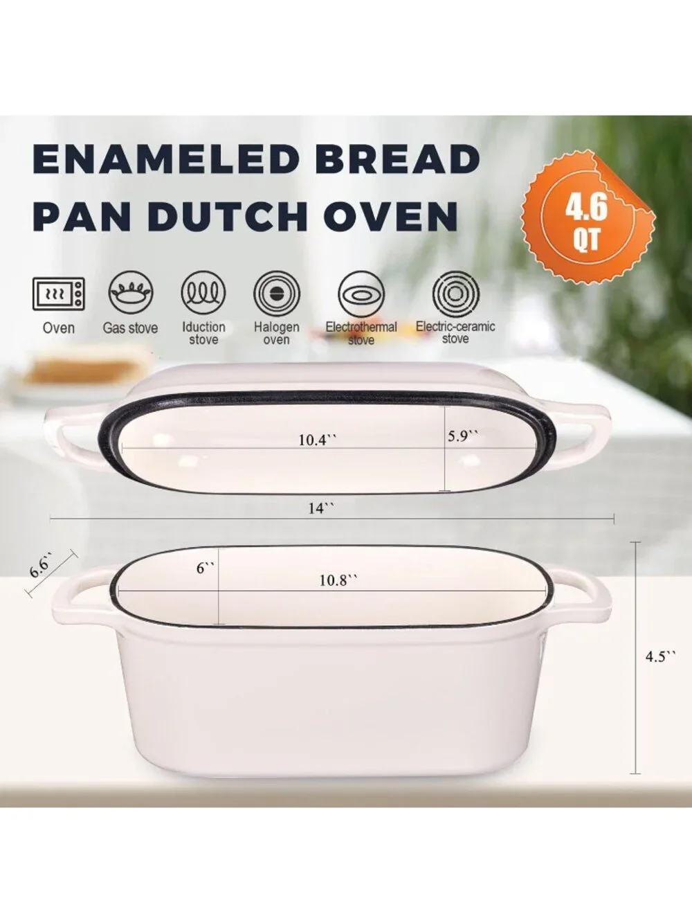 4.6 Qt White Oval Enameled Cast Iron Dutch Oven Lid for Sourdough Bread Baking